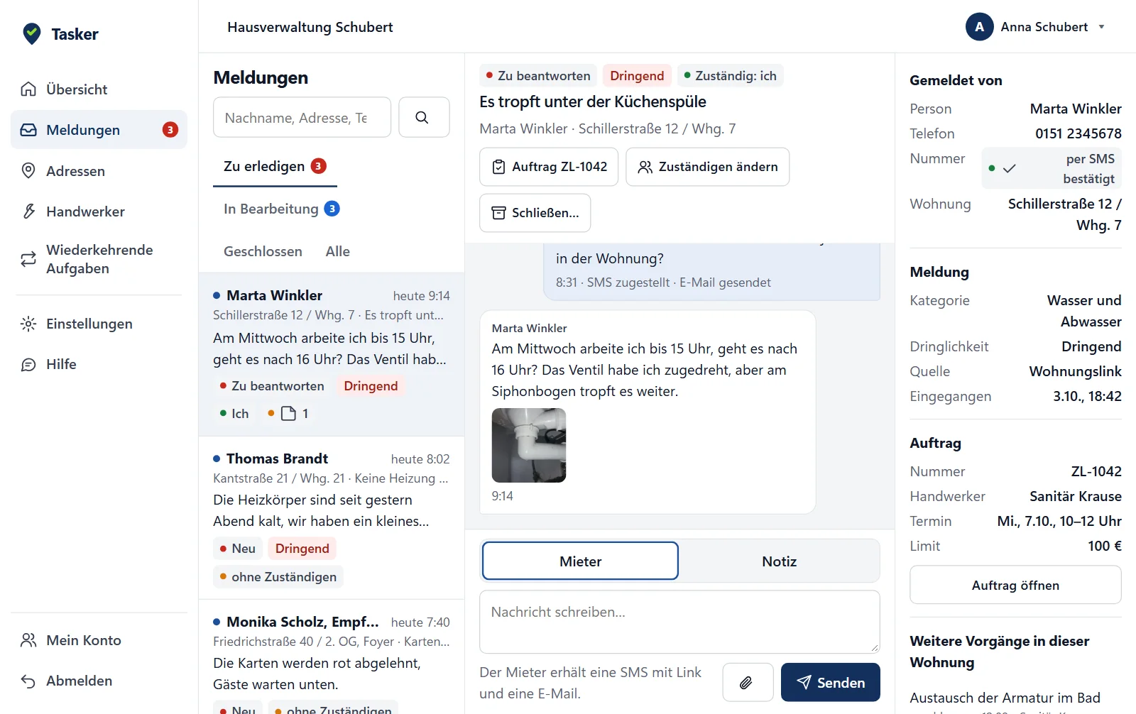 Der Verwaltungsbereich in Tasker: Liste der Schadensmeldungen und eine geöffnete Meldung mit dem Gespräch mit dem Mieter