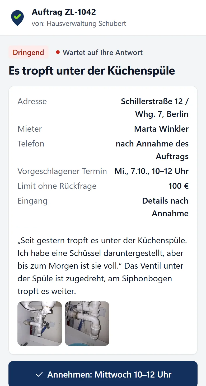 Ein Auftrag, den der Handwerker auf dem Handy geöffnet hat: Adresse, Mangelbeschreibung und Schaltflächen zum Annehmen