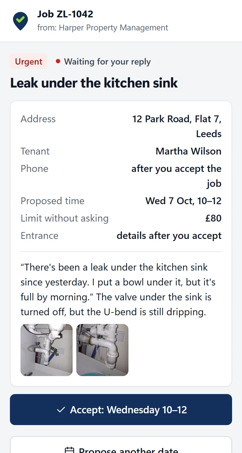 A job opened by a contractor on a phone: the address, the issue description and the accept buttons