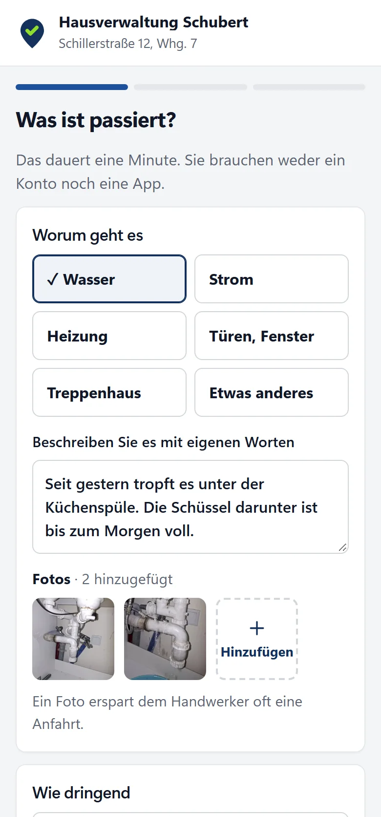 Formular für die Schadensmeldung auf dem Handy des Mieters