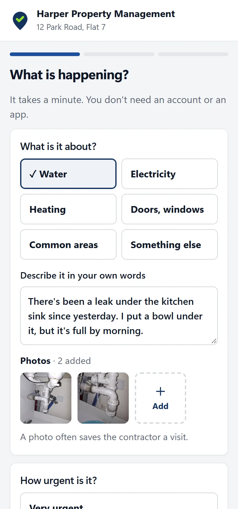 The issue report form on a tenant’s phone